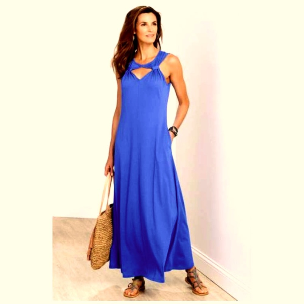 Soft Surroundings Blue Maxi Long Dress Sundress Soft Stretch Pockets Vacation - Picture 1 of 12